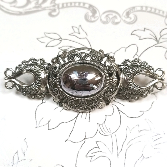 Vintage Mid Century Antiqued Silver Tone Metal Brooch Pin - Picture 3 of 11